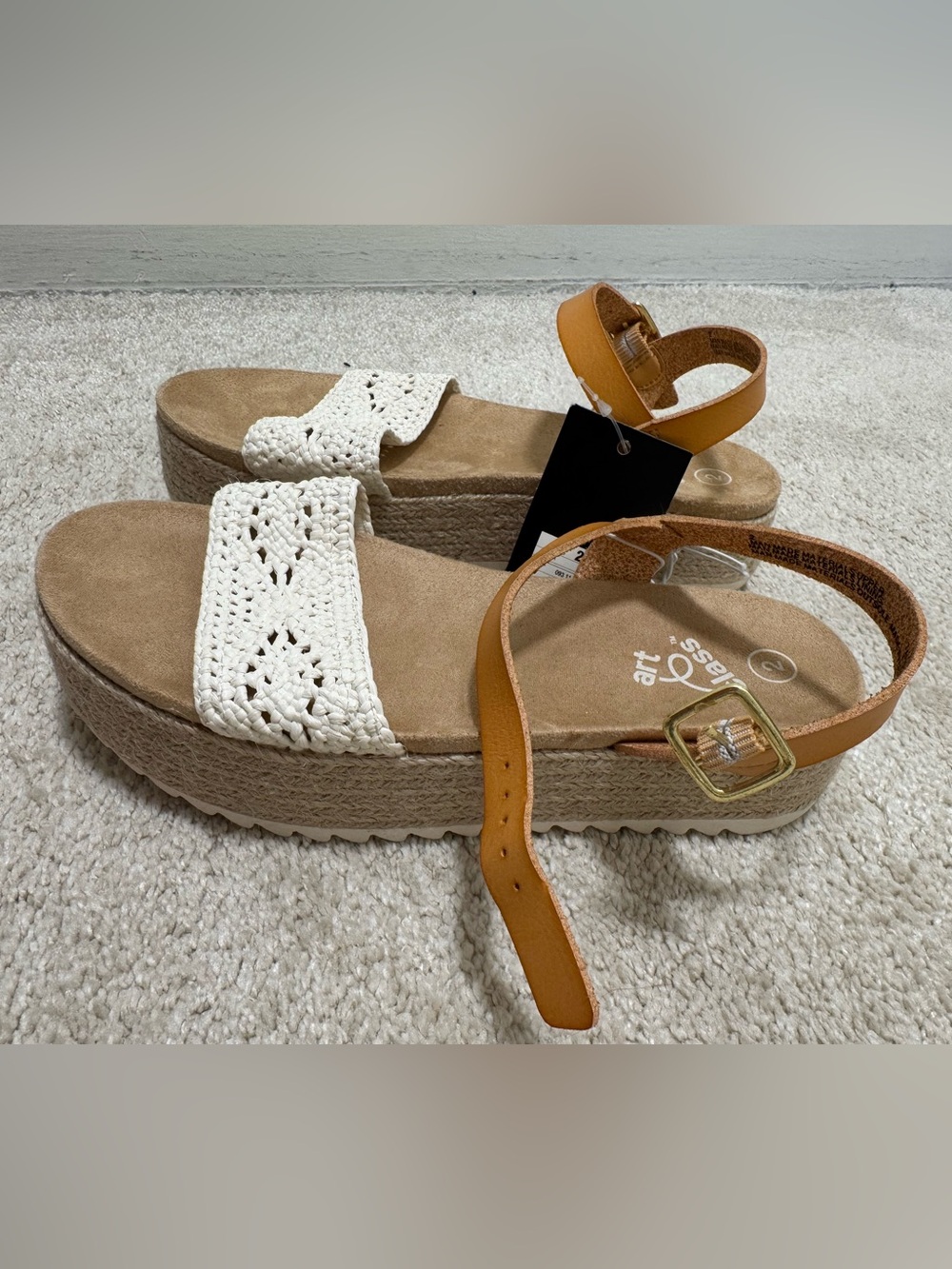 art class White Crochet and Tan Espadrille Ankle-Strap Sandals